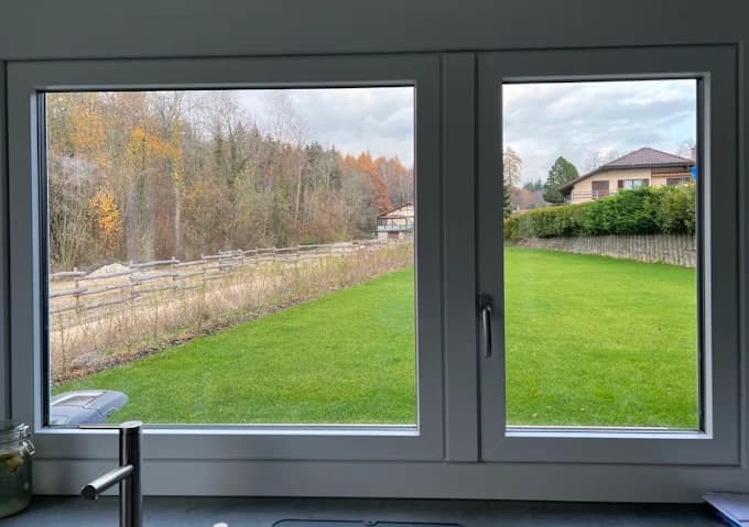 Weisses zweiflügeliges Fenster mit Blick in den Garten