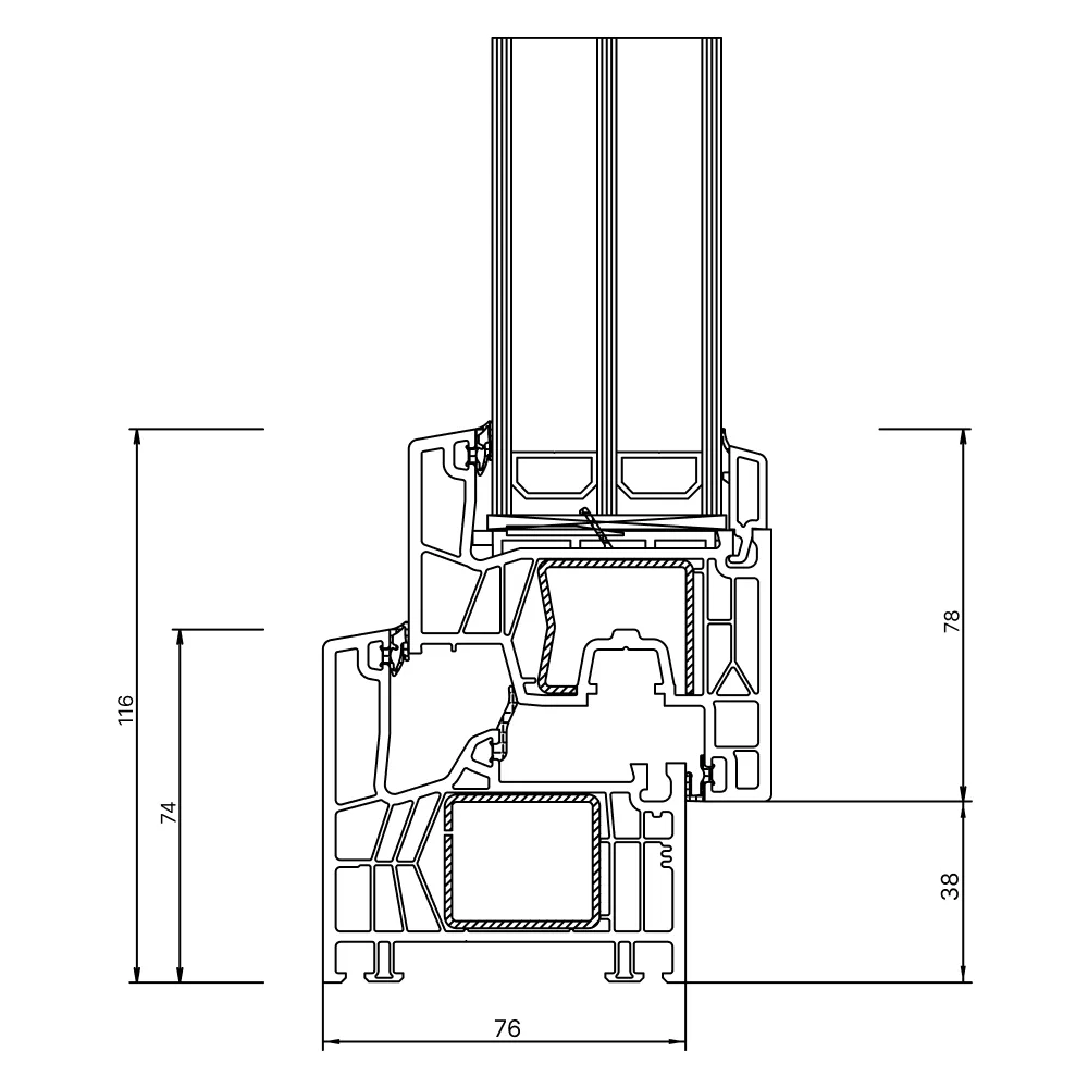 Dessin technique de la fenêtre Kömmerling 76 MD montrant les dimensions et les profils en coupe