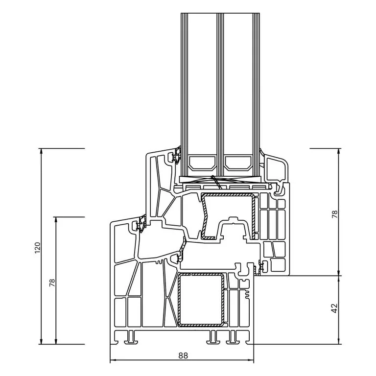 Dessin technique de la fenêtre Kömmerling 88 montrant les dimensions et les profils en coupe